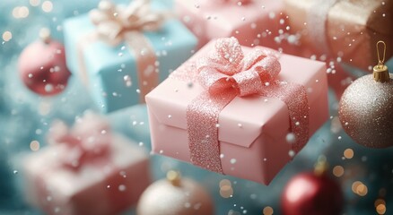 Fototapeta premium Pastel Christmas Gifts Floating with Ribbons and Ornaments in Minimalist Holiday Scene