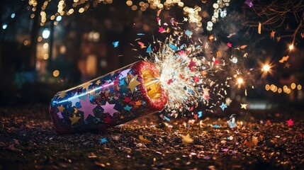 Inflatable ornament a confetti popper exploding with streamers and stars, perfect for New Year's lawn decor