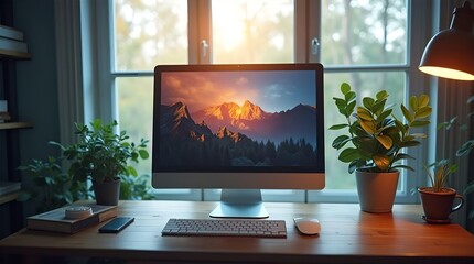 Fototapeta premium Cozy Home Office Workspace with Mountain View on iMac, Plants, and Warm Lighting