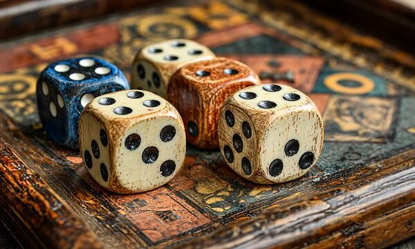 A close-up of vintage dice on a decorative game board.