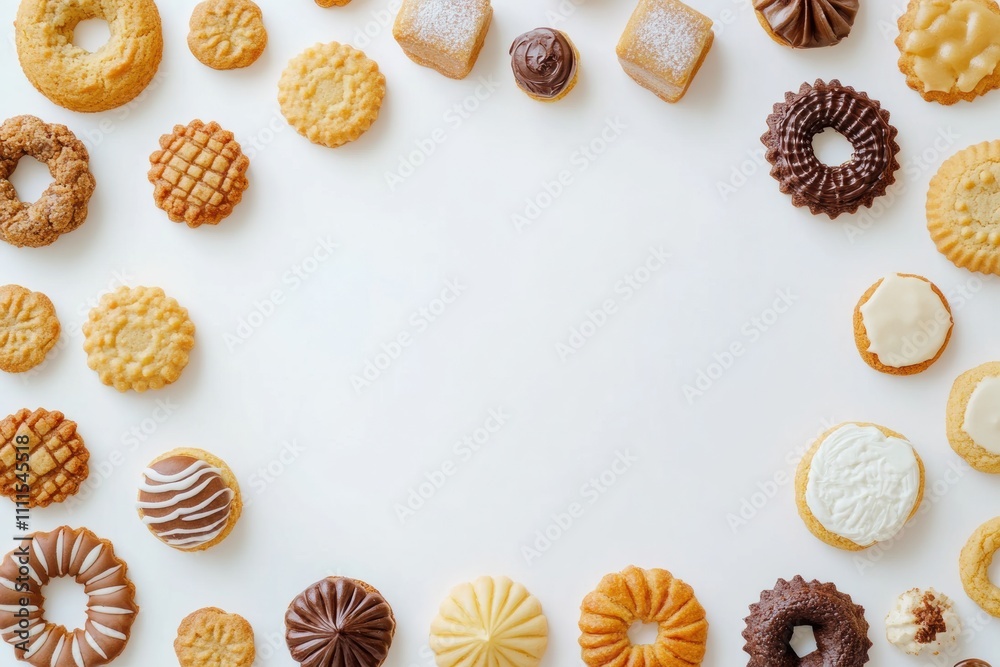 Poster An assortment of cookies and sweets displayed on a clean white background, featuring various shapes and flavors with room for custom text. Generative AI