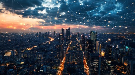 Aerial View of a Modern City at Dusk with a Network of Connections Representing Technology and Innovation in Urban Landscapes