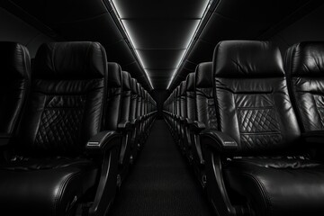 Fototapeta premium Airplane cabin with rows of empty black leather seats offering a sophisticated look.