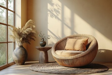 Fototapeta premium Sunlit room with wicker chair, rug, and vase.