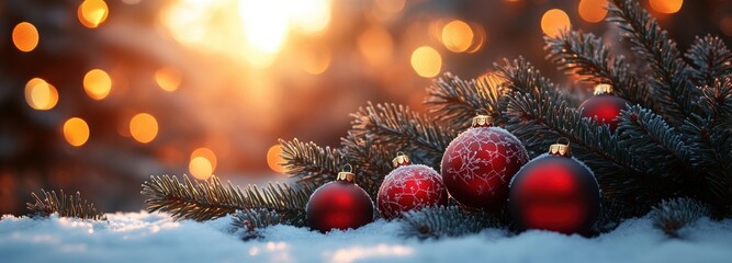 Cozy Christmas Scene with Snow Covered Pine Branches Red Ornaments Warm Bokeh Lights Winter Sunset