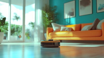 Fototapeta premium Autonomous robots for household tasks, robot vacuuming home