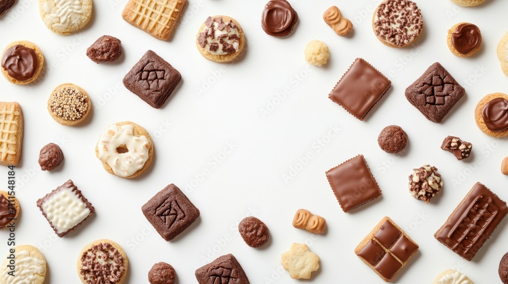Aufkleber Colorful selection of various cookies and sweets elegantly displayed on a white surface, featuring ample blank space for additional text. Generative AI