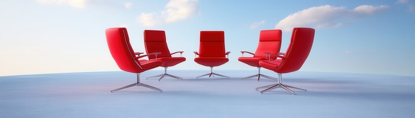 Fototapeta premium A modern setup of five red chairs arranged in a circle against a bright, minimalist background, suggesting collaboration and discussion.