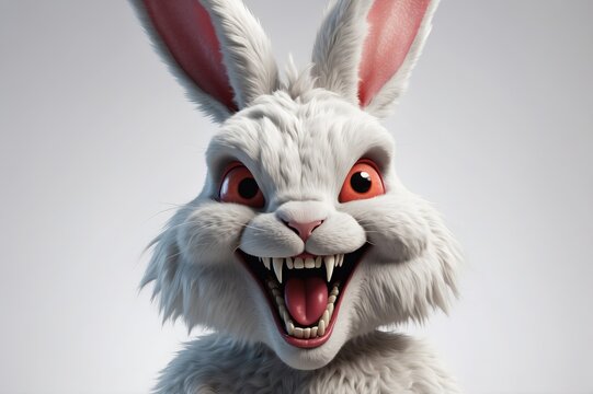 Close-up of a menacing, cartoonish white rabbit with red eyes and sharp teeth, against a light gray background.