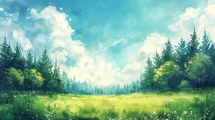 Fototapeta premium A watercolor green field with pine trees on bright blue sky dotted with fluffy white clouds, creating a serene and idyllic landscape.