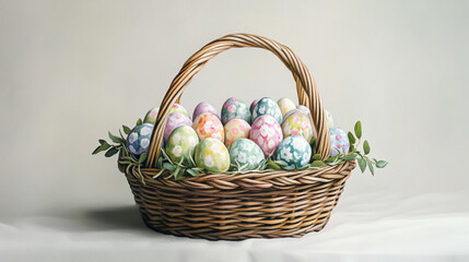 Naklejka premium Colorful decorated eggs in a wicker basket with green foliage for Easter celebration