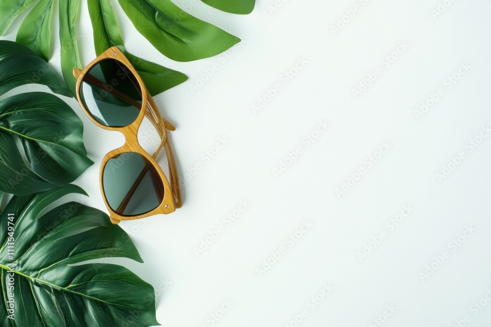 Leinwandbilder Sunglasses lay beside vibrant green leaves on a bright surface, creating a summery vibe with ample space for adding text or graphics. Generative AI