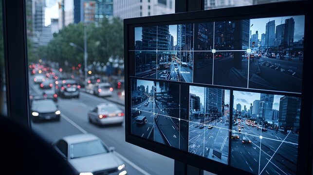 Surveillance Footage from CCTV Monitor Displaying Multiple City Traffic Scenes with Various Vehicles in Motion During Daytime