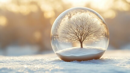 Obraz premium A clean and modern frosted glass snow globe featuring a single tree inside, set on a soft beige background, illuminated by natural lighting,