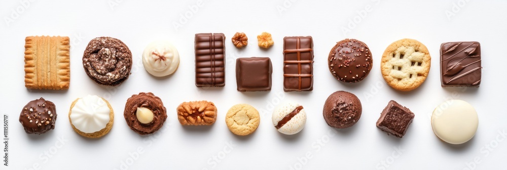 Poster treat yourself to an enticing selection of cookies and sweets on a clean white background, inviting 