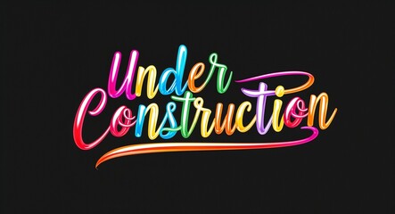 under construction colorful calligraphic shining shiny smooth lettering on plain black background
