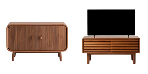 Fototapeta premium Minimalist serenity furniture interior design, Modern wooden furniture featuring stylish cabinets and a minimalist design against a dark backdrop.