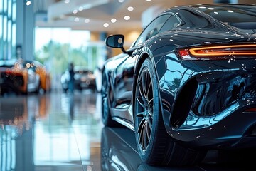 Luxury Black Sports Car in Modern Showroom with Reflective Surfaces and Soft Lighting