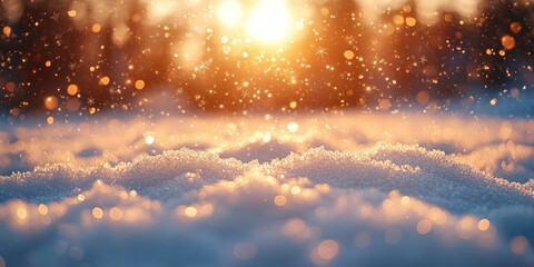 Winter Scene with Golden Snowflakes Shimmering on Soft White Snow Bokeh Effect