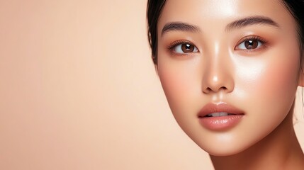 A young woman with flawless skin and soft makeup looks at the camera.