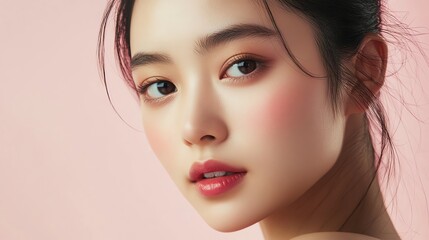 Fototapeta premium A young woman with soft makeup and glowing skin looks at the camera.