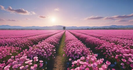 Obraz premium Blue sky with pink flower fields stretching to the horizon, pink flowers, nature, distance