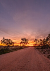 A glowing orange sunset viewed down a dirt road in perspective and through the silhouettes of eucalyptus gum trees with pink clouds in the darkening blue sky at Wilcannia in New South Wales, Australia