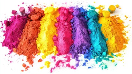 A vibrant array of colored powders arranged in mounds, often used in festivals and art.