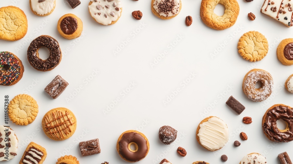Poster A colorful collection of cookies and sweets features various shapes and flavors, elegantly displayed on a clean white background for customization. Generative AI