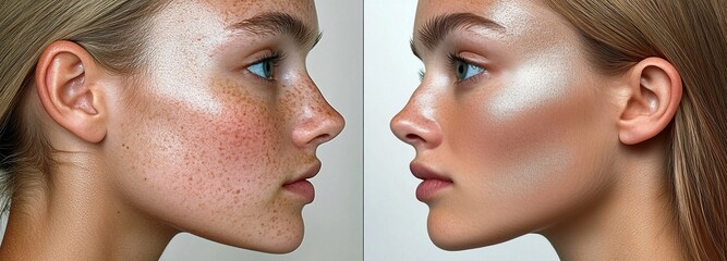 Facial skin before and after pictures showing the effects of regular skin serum usage
