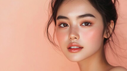 Naklejka premium A young woman with soft makeup and glowing skin looks at the camera.