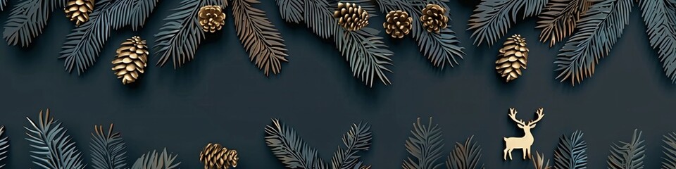 Naklejka premium Deer and pine branches on dark green background. Retro holiday concept for Christmas and New Year. Festive winter design with copy space for greeting card, invitation, banner
