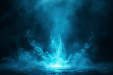 Fototapeta premium Dark background, glowing blue light on the ground, smoke surrounding the scene, dark fantasy style, game design, concept abstract art.
