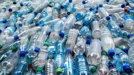 Obraz premium Recycling Symbol and Used Plastic Bottles - An Image of Environmental Pollution and Solution. The Prominent Recycling Symbol Alongside the Piled - Up Used Plastic Bottles, Representing the Urgency 