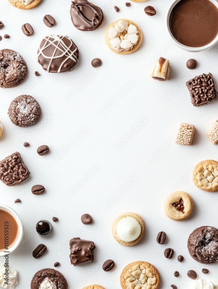 Poster A delightful variety of sweets and cookies arranged on a white background, perfect for adding personal notes or creative text. Generative AI