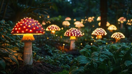 Mushroom-shaped decorations glowing softly in the night, enhancing a whimsical forest feel