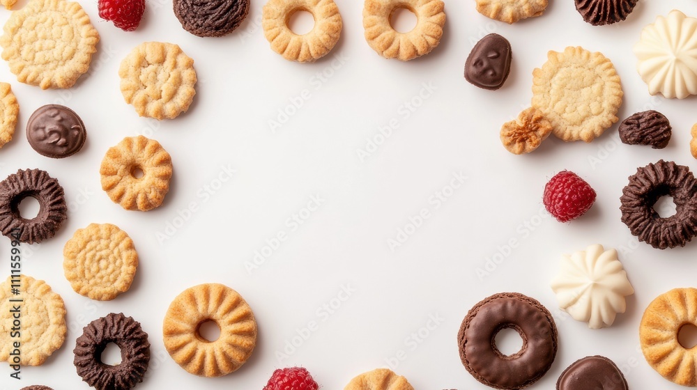Poster An assortment of colorful sweets and cookies is beautifully displayed on a white background, creating an inviting atmosphere for treats. Generative AI