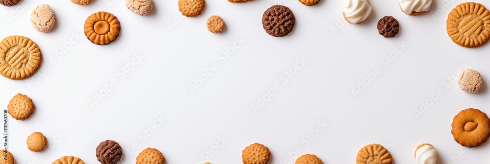 Poster a variety of cookies and sweets spread artistically on a clean white surface, providing ample space 