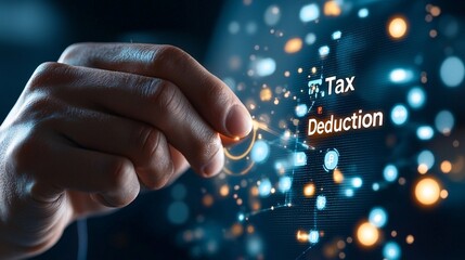 Tax deduction concept. A hand interacting with digital elements showcasing tax deduction concepts.