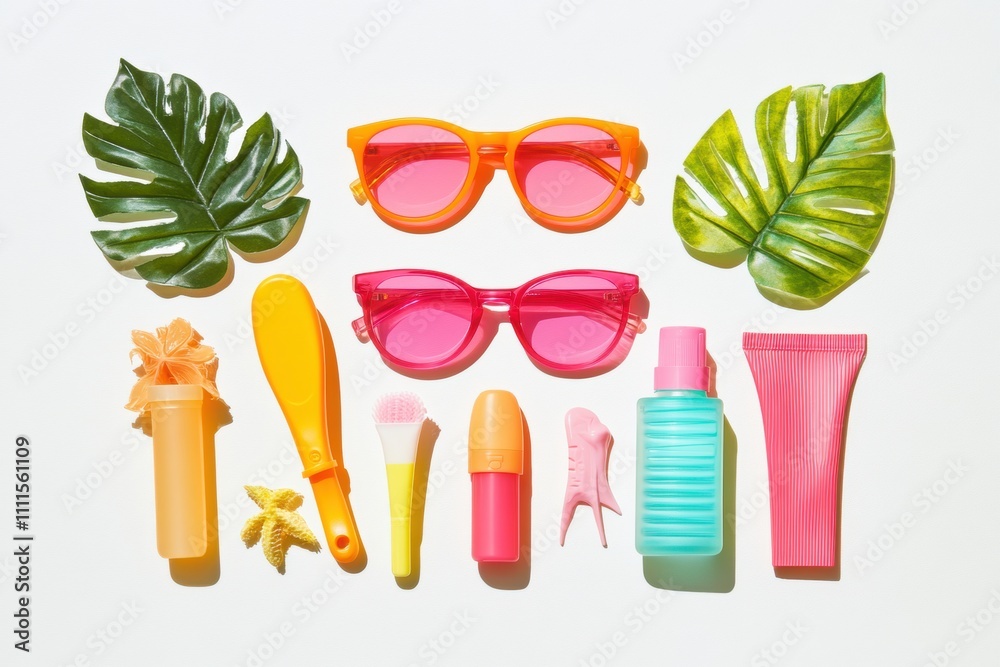 Poster sunglasses in bold colors, sunscreen, and summer essentials arranged neatly on a white background, c