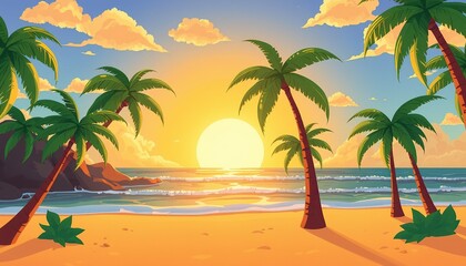 Fototapeta premium A playful cartoon tropical beach at sunset, with coconut trees bending whimsically towards the ocean under a bright, golden sky.