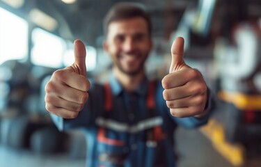 A smiling mechanic in the auto repair business gives the thumbs up with a vehicle tire.