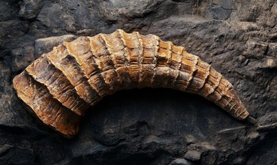 Fototapeta premium Fossil horn rests on dark, textured rock.