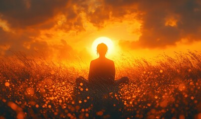 Meditative Woman at Sunset in Golden Grass