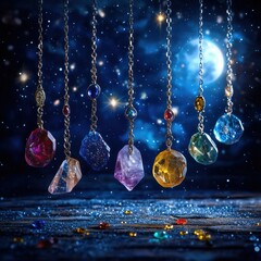 Hanging crystal pendants with cosmic backdrop, concept of personal expression