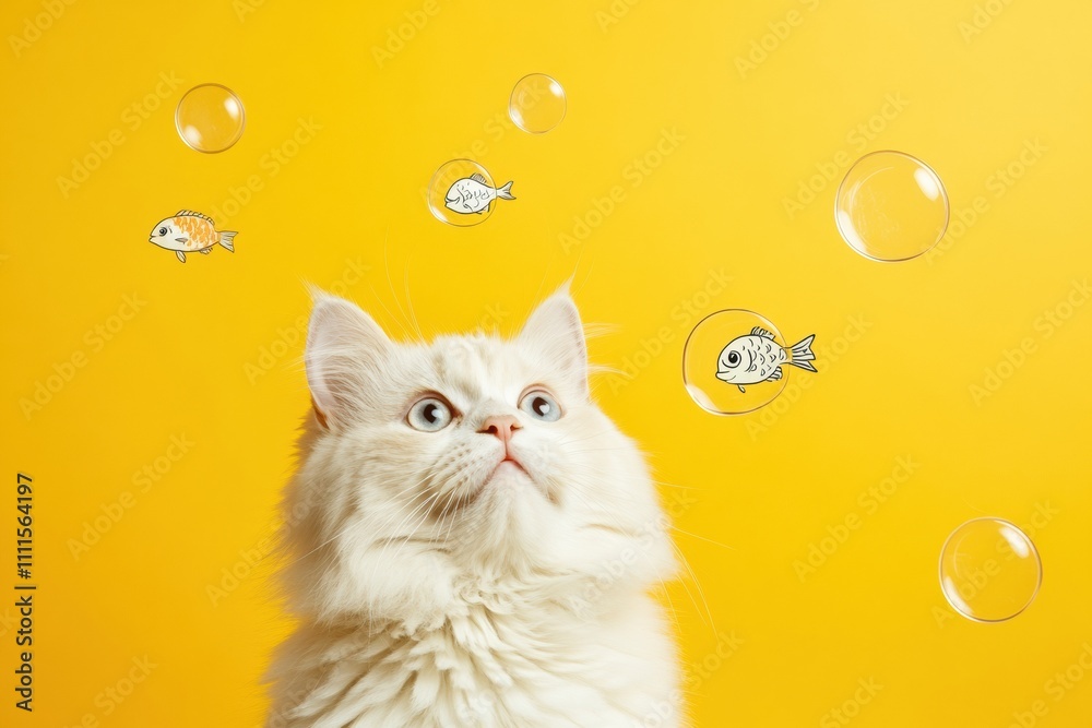 Poster a fluffy white cat looks up in wonder as illustrated fish swim inside circles floating in the air ag