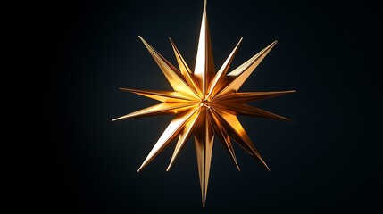Fototapeta premium A shining brass starburst ornament with clean minimalist lines, suspended on a pure black background for high contrast, sharp reflections under dramatic lighting, hd quality. --ar 16:9