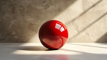 A shiny red ornament ball with a flawless glossy finish, positioned mid-frame on a light beige background, soft shadows and natural highlights for a modern minimalist composition, hd quality.