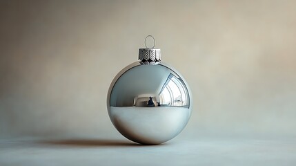 A shiny silver ball ornament, mirror-like reflections, centered on a plain beige background, illuminated by subtle gradient lighting for an elegant minimalist appeal, hd quality. --ar 16:9