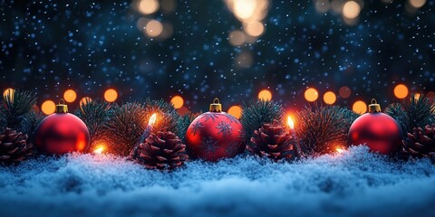 Fototapeta premium Christmas arrangement with red ornaments pine cones and snowy background festive winter decoration